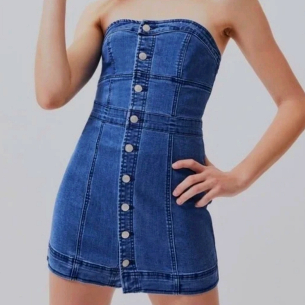 PacSun button up denim jean tube dress strapless mini